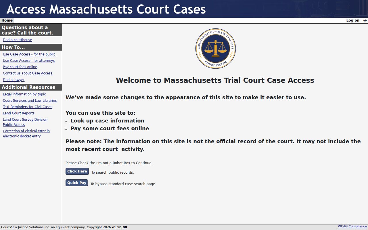 Ludlow residents directory MassCourts public records landing screen